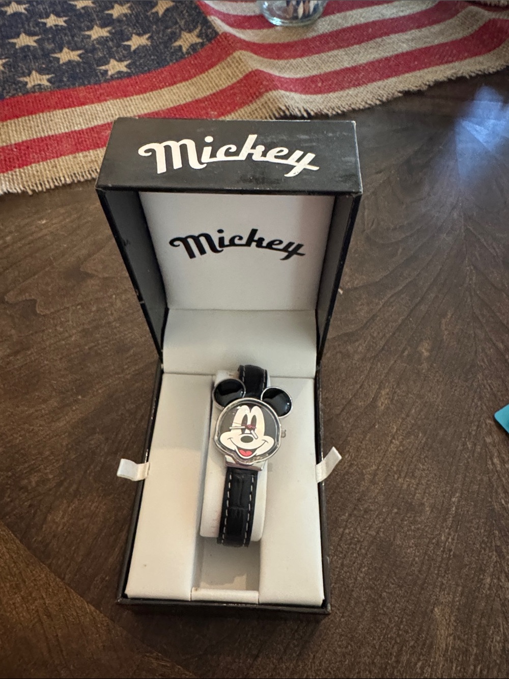 Women's Mickey Black Leather Strap Bracelet Watch